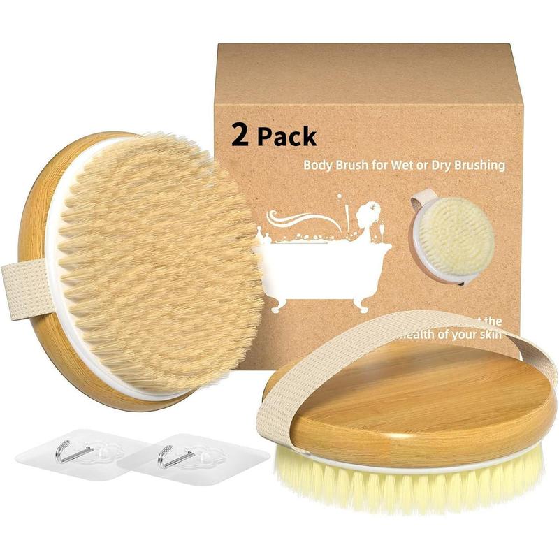 2-Pack Bamboo Body Brushes for Wet & Dry Use, Cellulite & Lymphatic, Soft & Stiff Bristles, Suitable for All Skin.