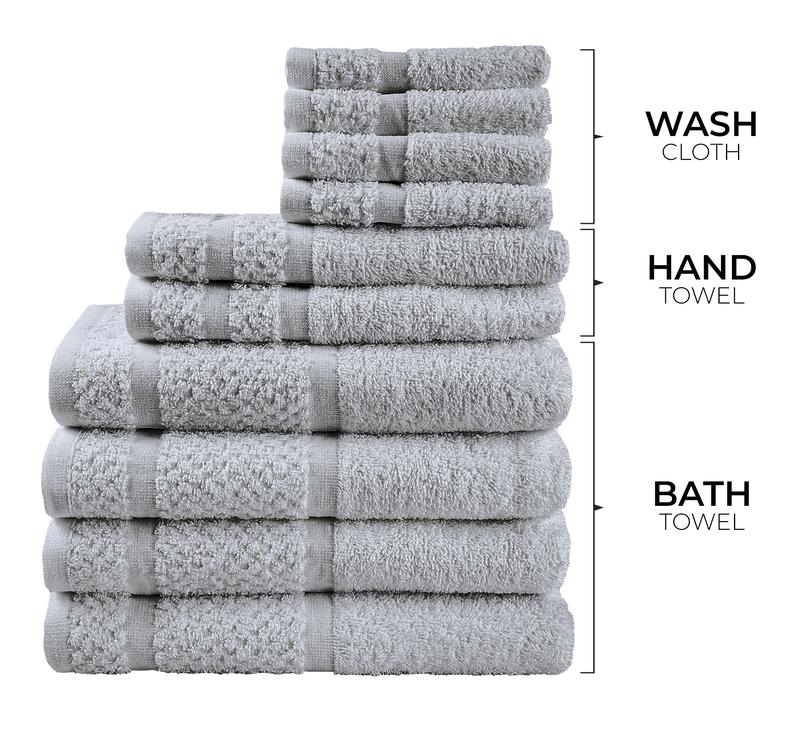 M.a.i.n.s.t.a.y.s. 10 Piece Bath Towel Set with Upgraded Softness & Durability, Gray or White Border Hand Cotton