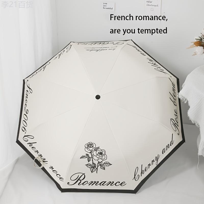 Romantic Rose Folding Umbrella - Automatic, Portable, Digital, UV Protection, Retro Design, Simplistic Style, Casual Fashionable Sun Parasol with Black Glue Sunshade Plastic