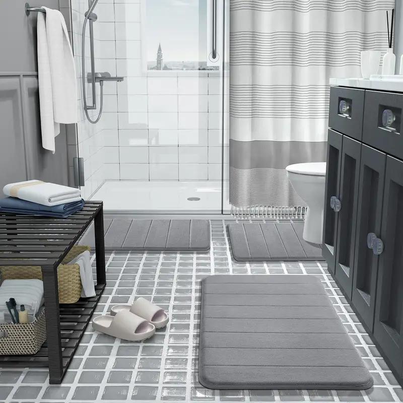 3-Piece Bathroom Rug Set - Soft, Comfortable, Memory Foam, Water Absorbing, Non-Slip, Thick, Machine Washable, Easy to Dry, Grey Floor Mats for Bathroom, Shower, and Tub