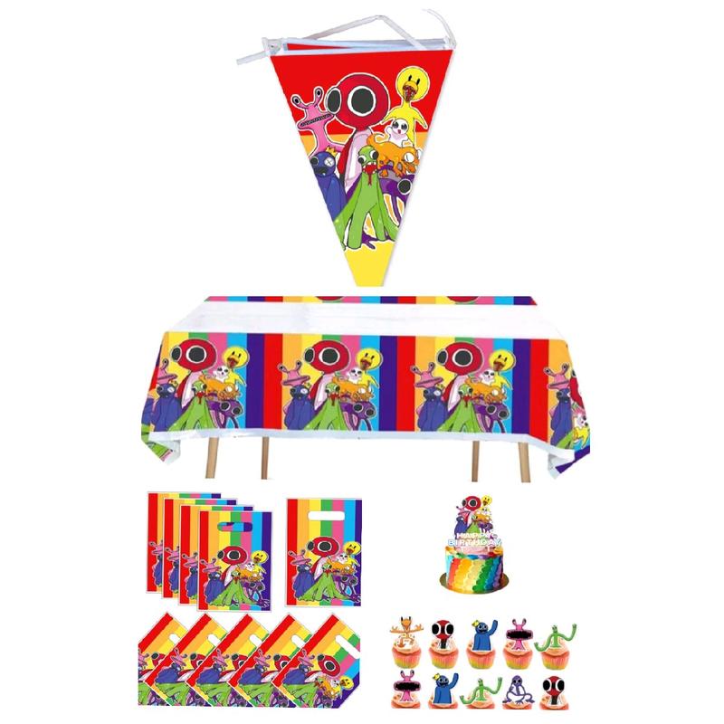 RAINBOW FRIENDS FLAG BANNER TABLECLOTH GOODIE BAGS OR CUPCAKE AND CAKE TOPPER