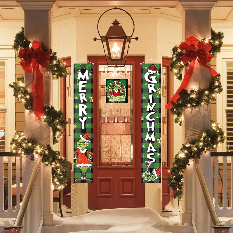 Grinchs Christmas Decorations, Christmas Decorations Outdoor Front Porch Door Sign Set - 3  Green MERRY GRINCHMAS Banner - Indoor Outdoor Xmas Decor Wall Front Door Yard