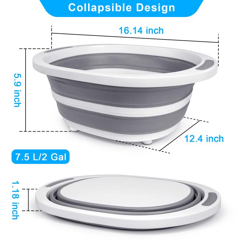 2 in 1 Dishpan + Cutting Board Collapsible Wash Basin, 7.5L Dish Tub Sink Basin Folding. Portable Sink Dish Basin for Camping Fruit Kitchen Utensils