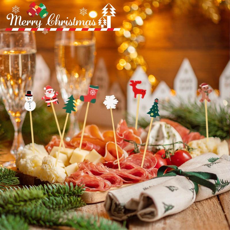 100 Christmas Cocktail Picks, 8 Kind of Christmas Toothpicks, Xmas Tree Snowman Santa Reindeer Stocking Bamboo Charcuterie Skewers Fruit Food Appetizer Sticks for Christmas Party Supplies Decorations