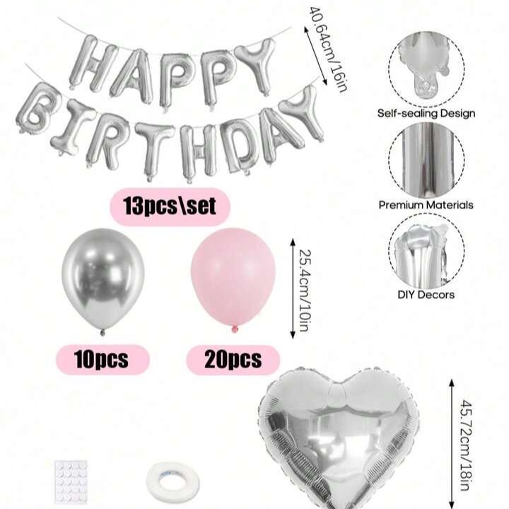 47pcs Set Pink Birthday Party Decorations, Heart Foil Balloons, Happy Birthday Banner, Reusable Supplies