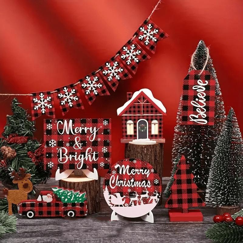 Christmas Themed Wooden Tiered Tray Decorative Ornament, 13pcs set Christmas Desktop Decoration, Festive & Party Supplies