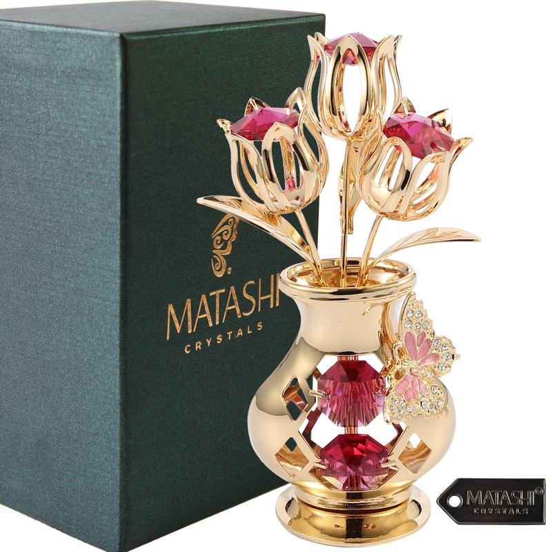 Matashi Flower Bouquet Vase with Decorative Butterfly 24K Gold Plated Red Crystal Tabletop Ornament, Best Ever Gift for Mother's Day, Christmas, Valentine's Day, Anniversary, Gift for Mom, Wife