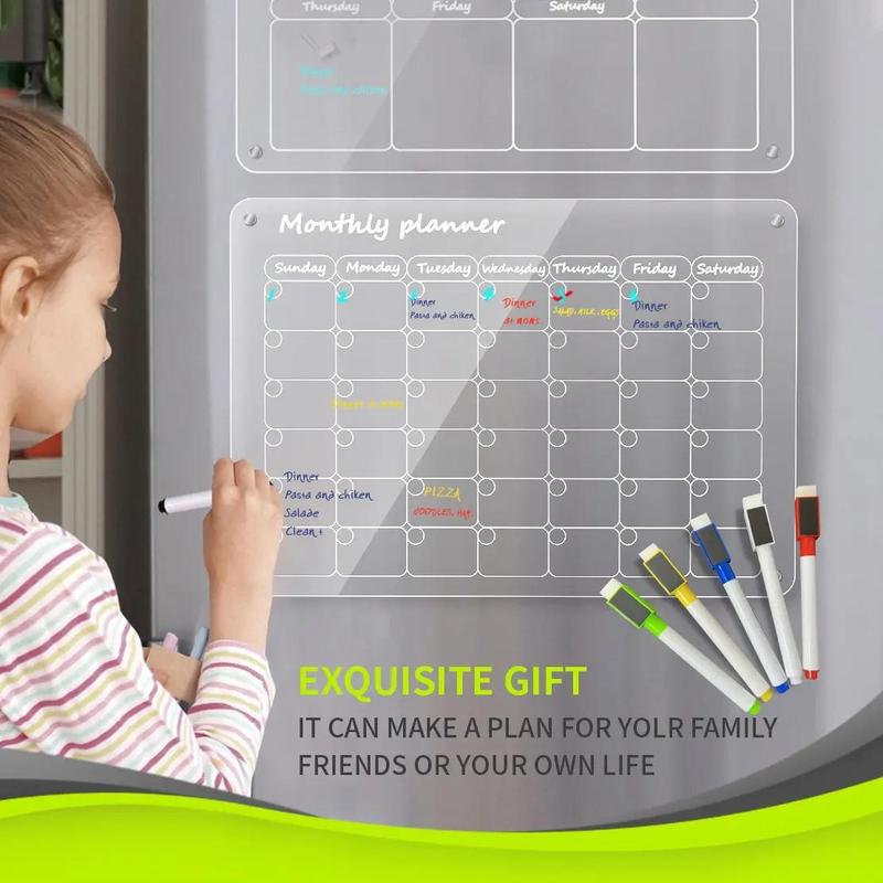 Magnetic Refrigerator Clear Calendar Board, 2 Counts set Acrylic Weekly Monthly Planner Calendar, Reusable Planning Calendar with 5 Marker Pen, Original Family Home Set, School Supplies