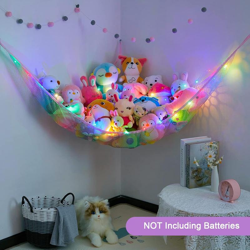 Stuffed animal net hammock toy storage with LED light plush toy organizer corner hanging stuffed animal holder for nursery girls room decor Wall Hangable