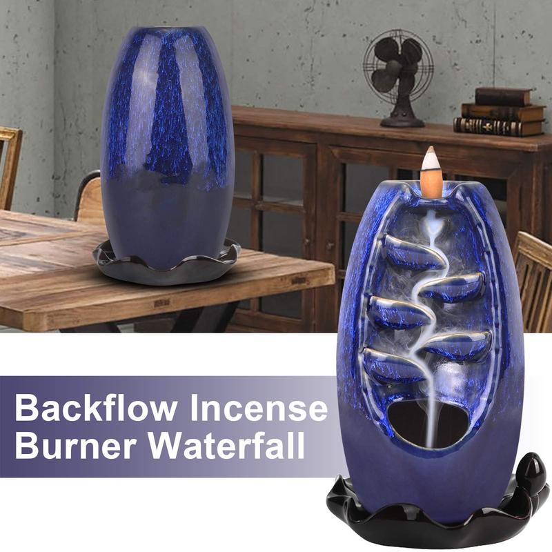 Backflow Incense Burner Waterfall Incense Holder Ceramic with 120 Incense Cones & 30 Incense Sticks for Home Office Yoga Aromatcherapy Ornamen, Navy