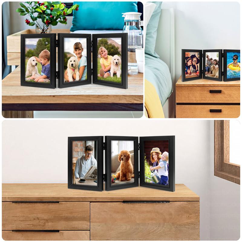 Double Triple Photo Frame 180° Foldable Hinged Picture Frame Stand Vertically on Desktop Photo Frame with Glass Front Black Photo Frame for Desktop Birthday Gifts