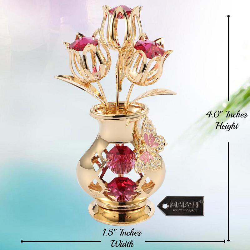 Matashi Flower Bouquet Vase with Decorative Butterfly 24K Gold Plated Red Crystal Tabletop Ornament, Best Ever Gift for Mother's Day, Christmas, Valentine's Day, Anniversary, Gift for Mom, Wife