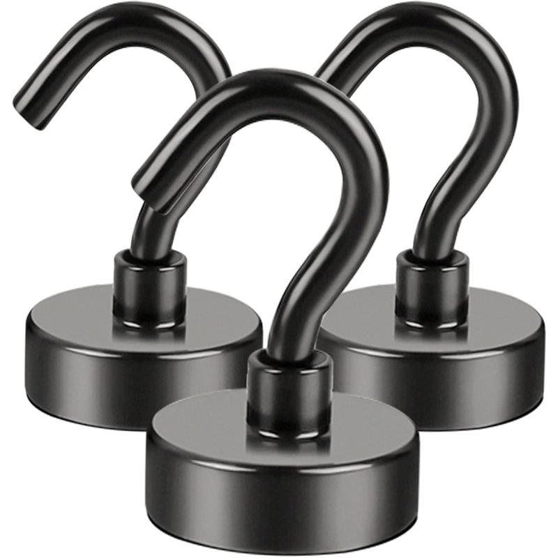 Black Magnetic Hooks, 30lbs Heavy Duty Rare Earth Neodymium Magnetic Hooks with Nickel Plating for Kitchen, Classroom, etc, 3 Pack