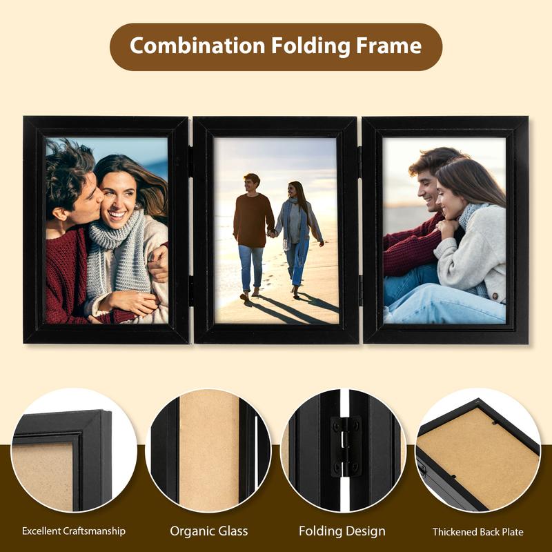 Double Triple Photo Frame 180° Foldable Hinged Picture Frame Stand Vertically on Desktop Photo Frame with Glass Front Black Photo Frame for Desktop Birthday Gifts