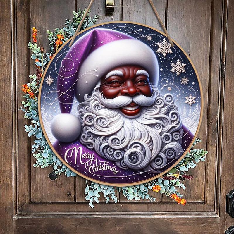 Wooden Round Christmas Decoration without Wreath, 1 Count Santa Claus Pattern Hanging Ornament, Garden Decoration, Home Decor for Living Room Bedroom