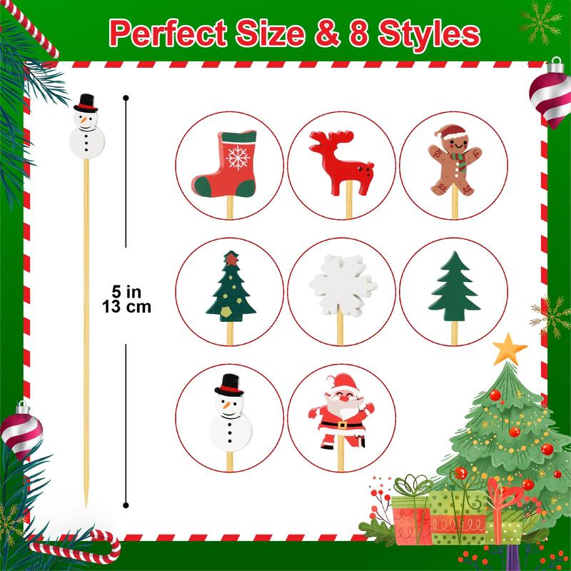 100 Christmas Cocktail Picks, 8 Kind of Christmas Toothpicks, Xmas Tree Snowman Santa Reindeer Stocking Bamboo Charcuterie Skewers Fruit Food Appetizer Sticks for Christmas Party Supplies Decorations