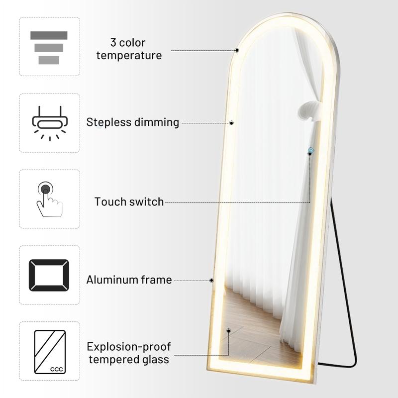 Mirror Full Length Standing with LED Lights, Lighted Floor Mirror, w Dimming & 3 Color Lighting, Wall Mirror Full Length Aluminum Alloy Thin Frame