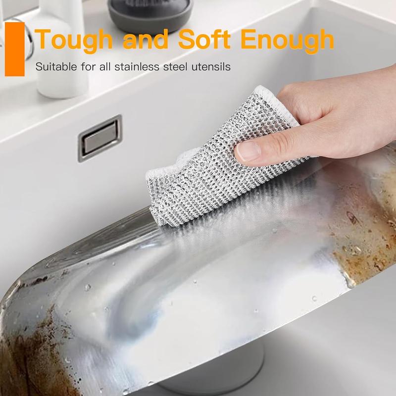 Multipurpose Wire Dishwashing Rags for Wet and Dry, Non- Scratch Wire Dishcloths for Kitchen, Double-Layer Wire Cleaning Cloths, Durable Wire Dish Cloth for Pans, Dishes, Stove Tops, Silvery