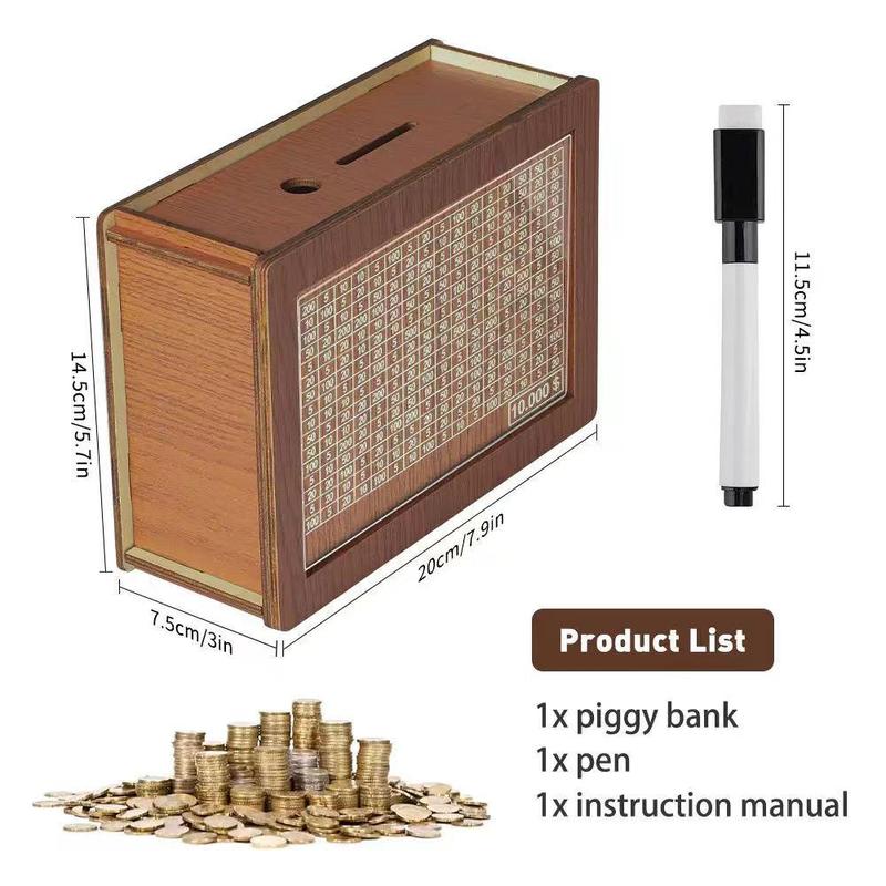 Wooden Piggy Bank with Erasable Acrylic Panel, 1 Count Reusable Money Saving Box with Pen, Money Saving Habit Development Tool for Adults & Teens, Back to School Essentials, Boyfriend Gifts, Fall Decor