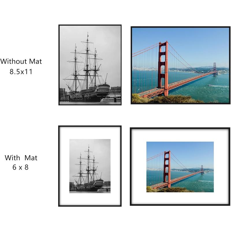 8.5x11 Picture Frame Set of 2, Made of High Definition Real Glass, Display 6x8 with Mat or 8.5 x 11 Without Mat, Photo Frames for Wall Mounting or Table Top Display, Black