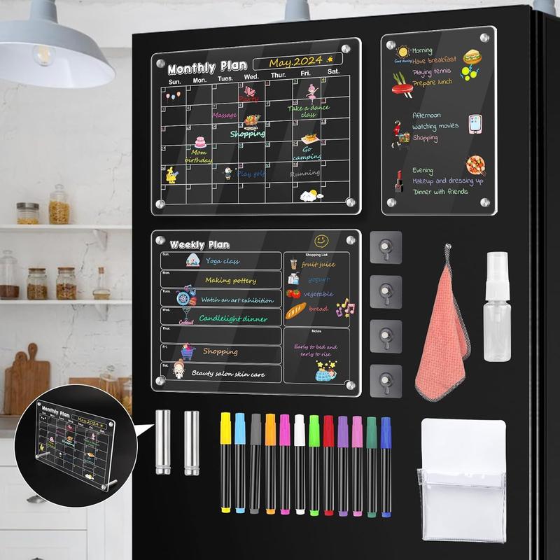 3 Pcs Magnetic Fridge Calendar, Dry Erase Calendar for Refrigerator, Monthly Weekly and Blank Board Acrylic Calendar for Wall, Kitchen, Desk, with 12 Colors Markers Pen, Magnetic Pen Holder and Towel