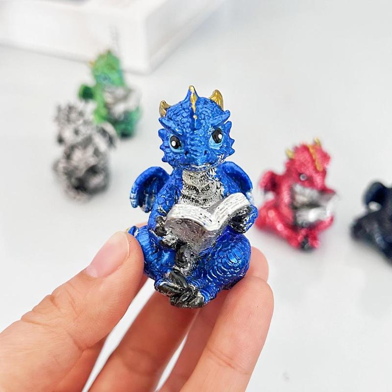 Cute Dragon of Reading Design Resin Ornament, 5 Counts Mini Dragon Statue, Evil Collectible Medieval Fantasy Statue Decoration, Home Decor