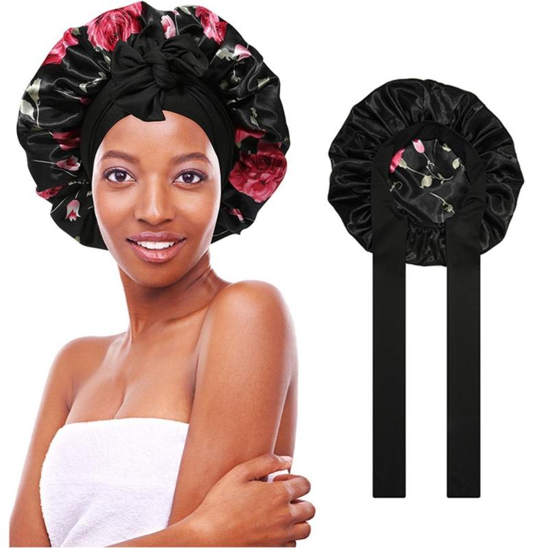 AWAYTR Women Flowers Satin Nightcap Widened Sleeping Hat with Tie Band Hair Care Bonnet Double Layered Elastic Shower Cap Adjustable