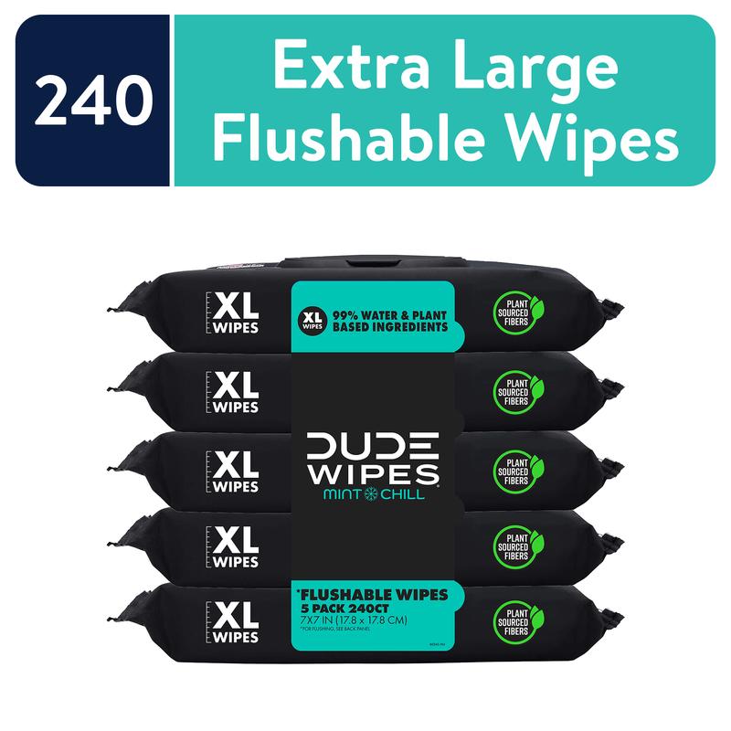 DUDE Flushable Wipes, Extra Large Mint Chill Wet Wipes, 48 Count, 5 Pack (240 Total)