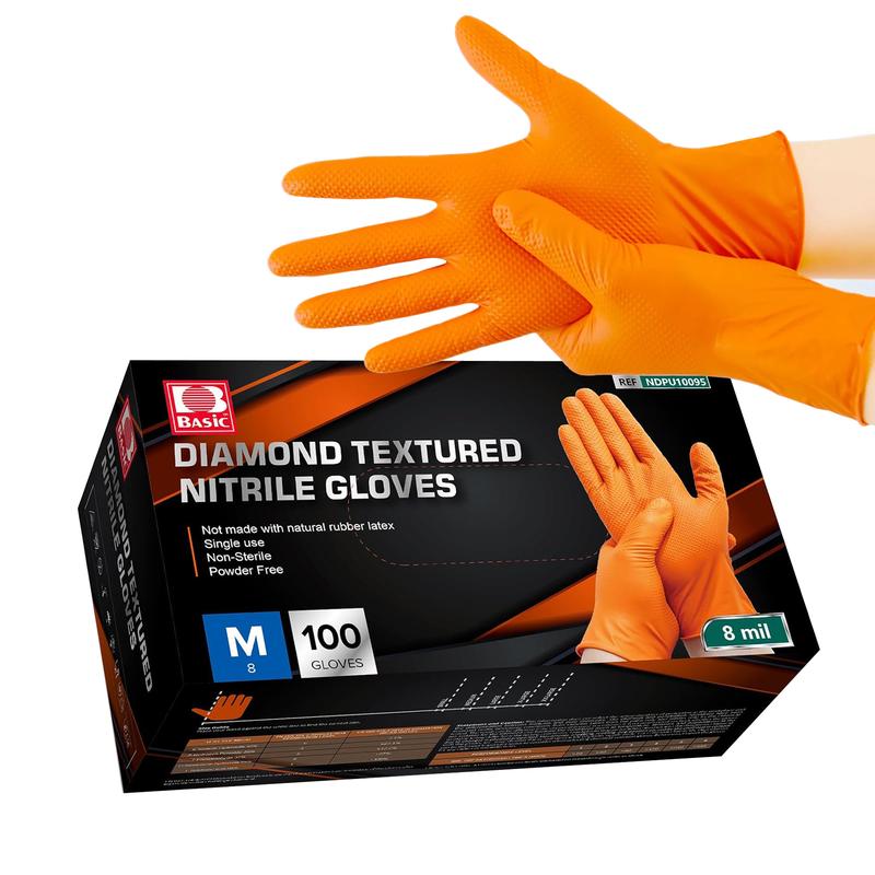 Orange Disposable nitrile gloves, 8mil diamond-textured grip for industrial,food applications, latex and powder free Cleaning Rubber