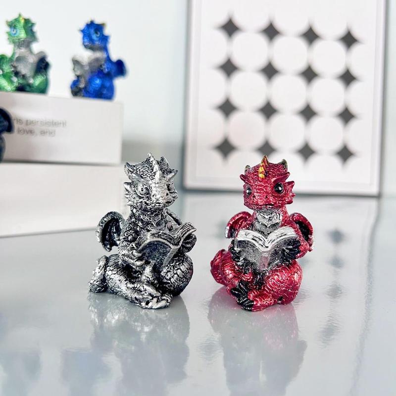 Cute Dragon of Reading Design Resin Ornament, 5 Counts Mini Dragon Statue, Evil Collectible Medieval Fantasy Statue Decoration, Home Decor