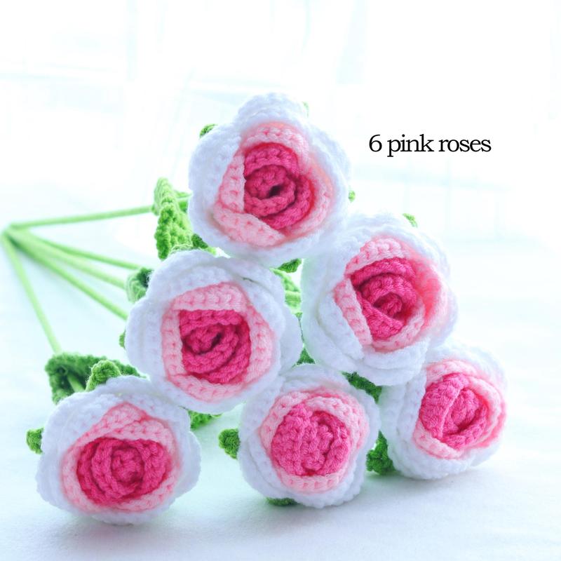 Gradual Change Crochet Rose, 3 6 10pcs Handmade Crochet Rose with Stem, Artificial Flower for Wedding Bridal Bouquet, Home Decor, Halloween Decor