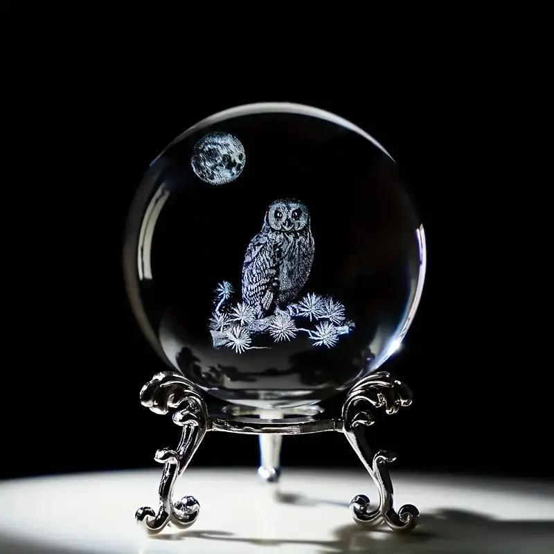 Artificial Crystal Ball Ornament with Base, Transparent Owl Design Decoration for Desktop Display & Entrance Decoration, Home Decor for Living Room Office & Coffee Shop