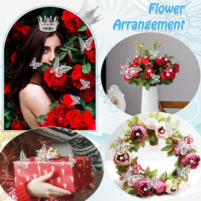 Flower Bouquet Accessories Including 4 Pcs Silver Crowns, 12 Pcs Butterfly Decorations and 50 Pcs Flower Pins for Flower Bouquets and Cake Topper Decoration