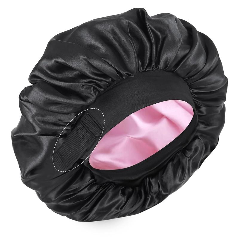 Silk Bonnet for Sleeping Double Layer Satin Bonnet Adjustable Bonnets for Black Women Sleep Cap Reversible Hair Bonnet for Curly Hair (Black)