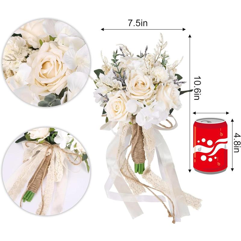 Wedding Bouquets for Bride Bridesmaid, White Champagne Artificial Roses Flowers Wedding Decoration (7.5in)