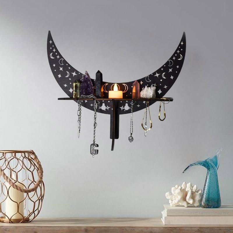 Moon Shaped Wall Mounted Candle Holder for Halloween Decor, Punch-free Home Decor Wooden Candle Rack, Creative Jewelry Display Shelf for Home Festival Bedroom Living Room Wall Decor, Gifts for Girlfriend