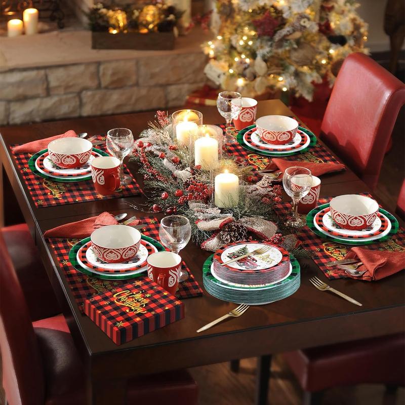 96 Pieces Merry Christmas Disposable Tableware Set - Red and Green Buffalo Plaid Christmas Party Supplies with Paper Plates, Napkins, Forks for Holiday Celebrations, Winter Favors, and Rustic Decor Plastic Pack