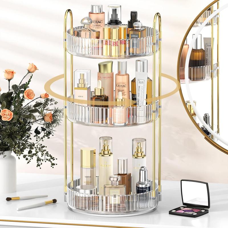 360 Rotating Makeup Organizer for Vanity, 3 Tier Adjustable Perfume Organizer for Dresser, Multi-Function Spinning Cosmetics Skincare Organizer for Bedroom, Dresser, Countertop, Clear acrylic  organizer