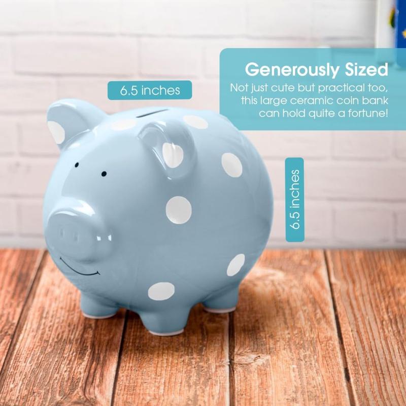 Large Ceramic Piggy Bank, Ideal for Boys and Girls, Money and Coin Bank, Great Gift, Blue Polka Dots Decor Ornaments