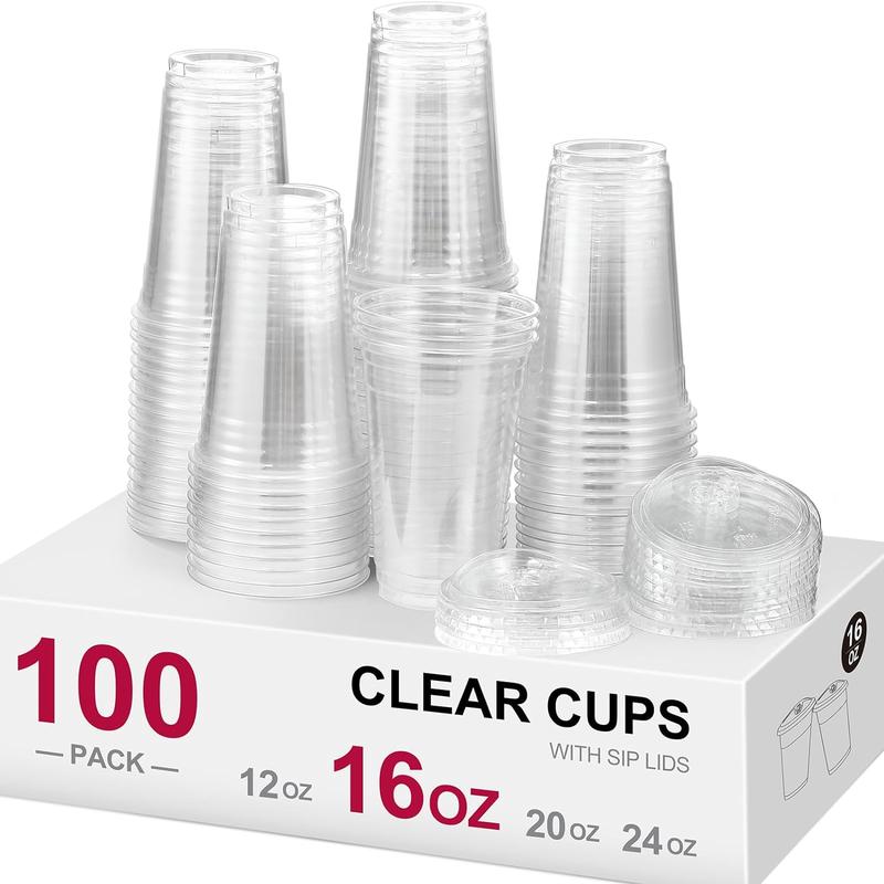 100 Sets, 20 oz Crystal Clear Plastic Cups With Sip Lids, Disposable Cups With Sip Through Lids for Iced Coffee, Smoothie, Milkshake, Cold Drinks