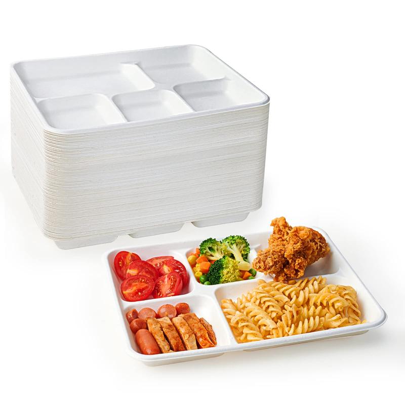 ECOLipak 100% Compostable 5 Compartment Plates, 125 Pack Disposable Paper Plates, Heavy-Duty Biodegradable Sugarcane Plates, Eco-Friendly School Lunch Trays disposable plate