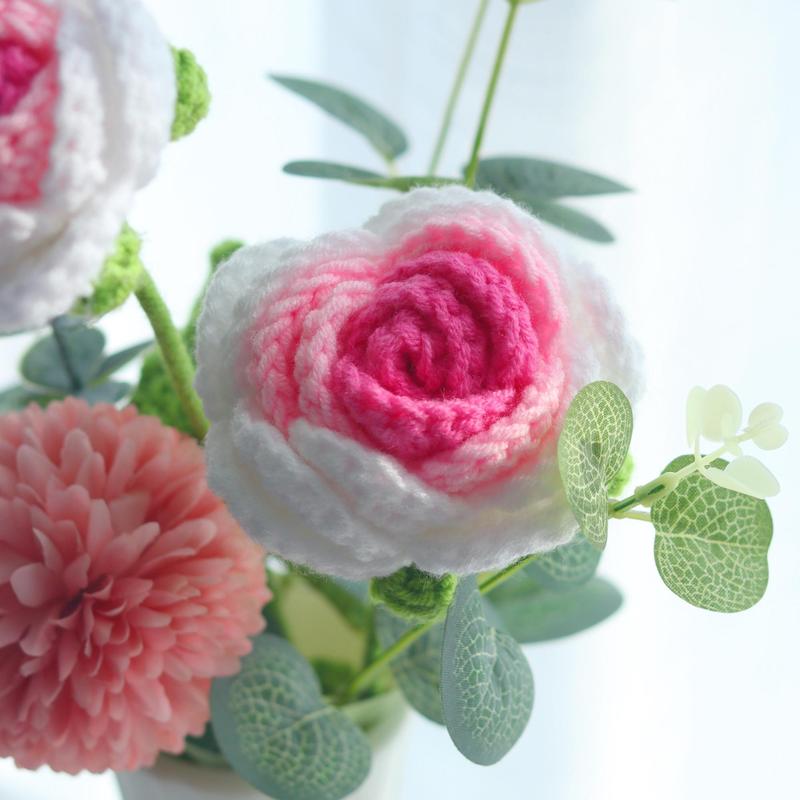 Ombre Crochet Rose Flower Ornament With Vase & Simulated Leaf, 1 Set Creative Bouquet Decoration For Home & Wedding & Party, Spring Home Decor