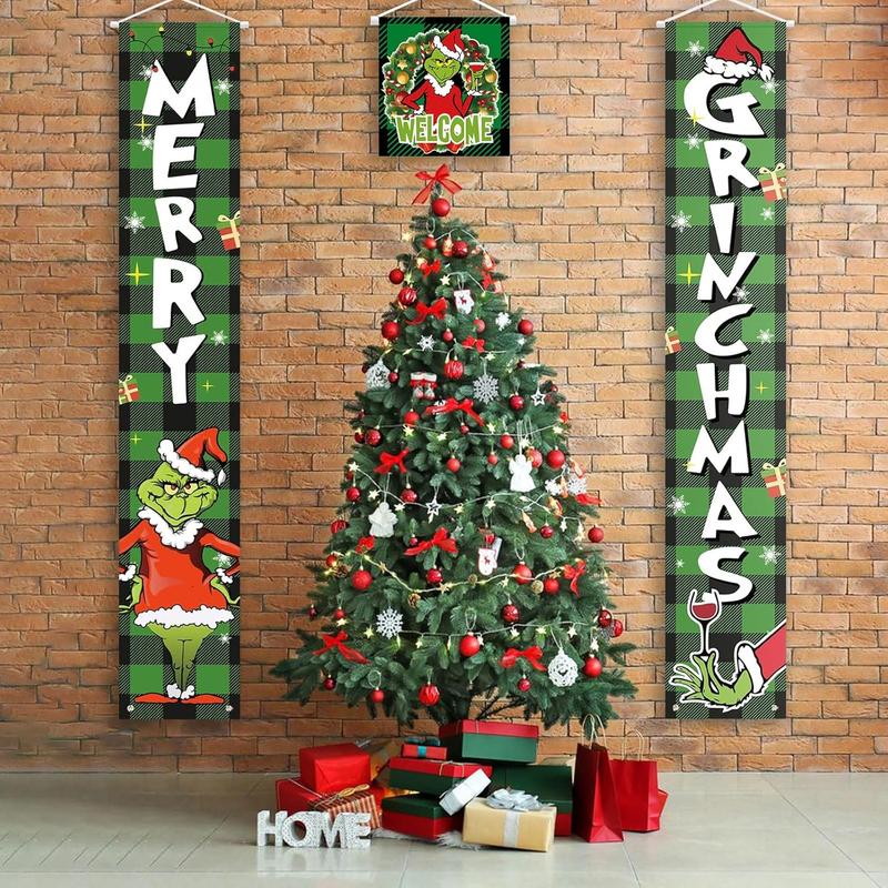 Grinchs Christmas Decorations, Christmas Decorations Outdoor Front Porch Door Sign Set - 3  Green MERRY GRINCHMAS Banner - Indoor Outdoor Xmas Decor Wall Front Door Yard