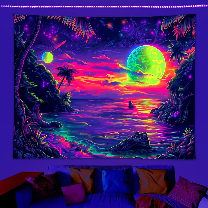 UV Reactive Tapestry, Fantasy Space Planet Landscape Tapestry, Neon Light Effect Fluorescent Tapestry, Bedroom Living Room Home Decoration