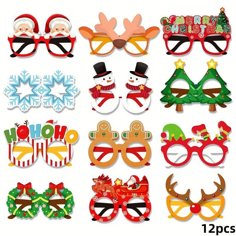 Christmas Themed Party Glasses, 12pcs set Santa Claus Snowflake Reindeer Design Paper Glasses, Party Decoration Supplies for Adults & Teenagers