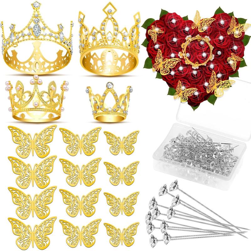 Flower Bouquet Accessories Including 4 Pcs Silver Crowns, 12 Pcs Butterfly Decorations and 50 Pcs Flower Pins for Flower Bouquets and Cake Topper Decoration