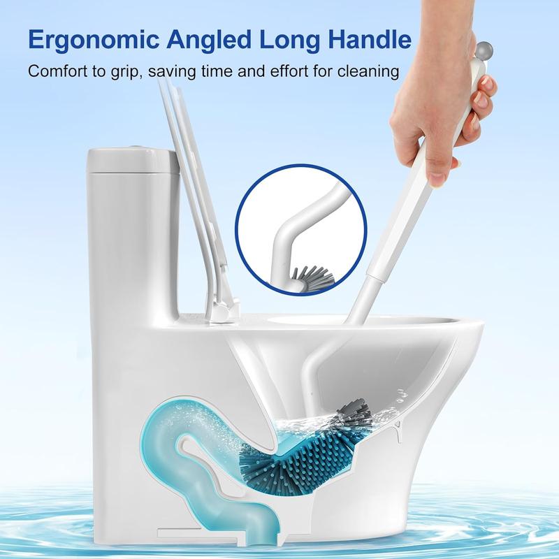 Toilet Bowl Brush Holder Set: Deep Cleaning Silicone Toilet Cleaner Scrubber Under Rim with Curved Bristle for Bathroom Dead Corner Clean - Modern Rv Toilet Decorative Accessories - White