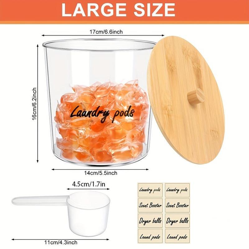 Laundry Room Organization Storage Container, 2 Counts Plastic Jars with 2 Lids & 2 Spoons & 8 Labels, Home Organizer for Laundry Room