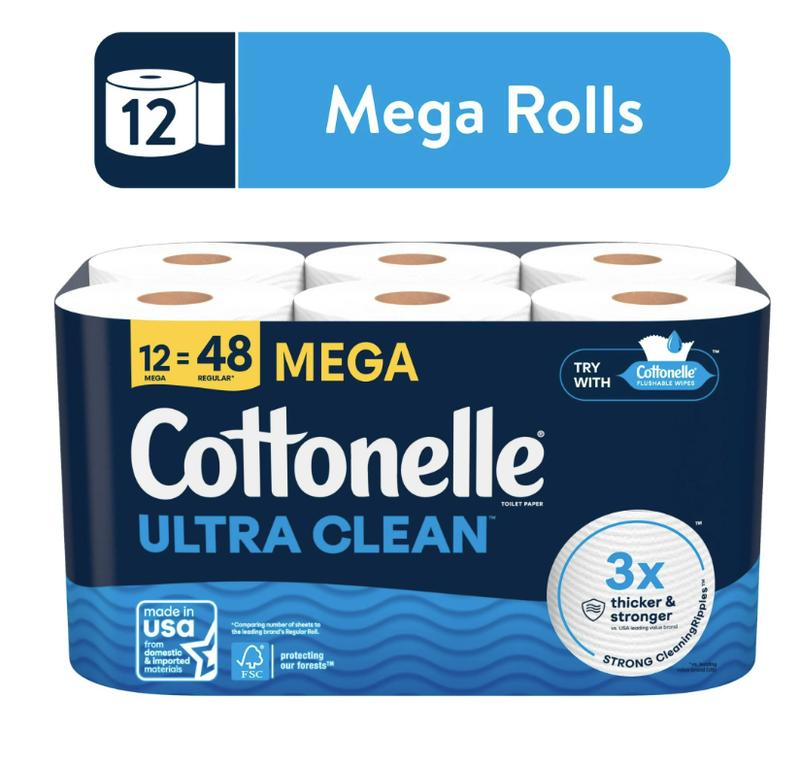 Cottonelle Ultra Clean Toilet Paper, 12 Mega Rolls