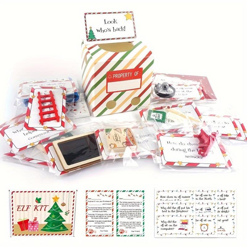 24 Days Of Elf Arrival Kit, 1 Box Christmas Countdown Kit with Jokes & Surprises, Festive Decor for Home Office